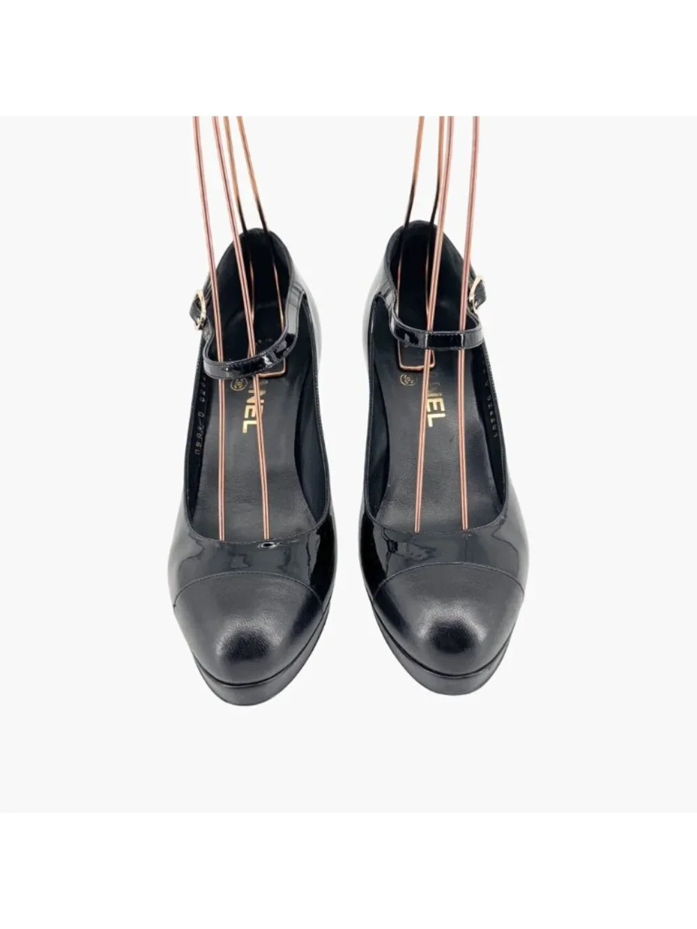 Chanel Platform Pumps Size 38 US 7-7.5 Black Patent Cap Toe Mary Jane Mid Heel - Picture 3 of 15